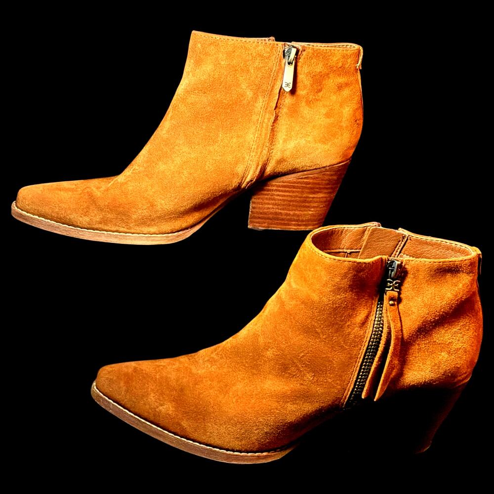 SAM EDELMAN "Petty" Tan Suede Western Side Zip Heeled Ankle Boots VGUC